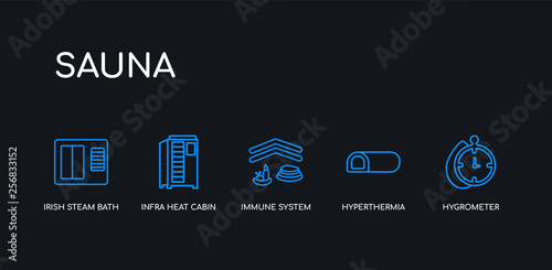 5 outline stroke blue hygrometer, hyperthermia, immune system, infra heat cabin, irish steam bath icons from sauna collection on black background. line editable linear thin icons.