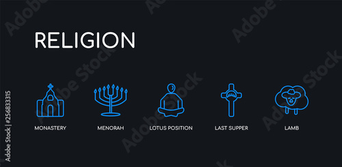 5 outline stroke blue lamb, last supper, lotus position, menorah, monastery icons from religion collection on black background. line editable linear thin icons.