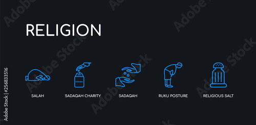 5 outline stroke blue religious salt, ruku posture, sadaqah, sadaqah charity, salah icons from religion collection on black background. line editable linear thin icons.
