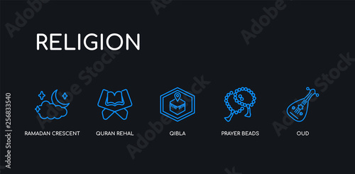 5 outline stroke blue oud, prayer beads, qibla, quran rehal, ramadan crescent moon icons from religion collection on black background. line editable linear thin icons.