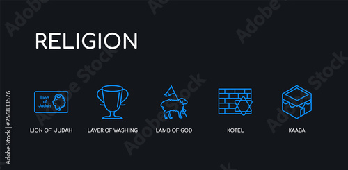 5 outline stroke blue kaaba, kotel, lamb of god, laver of washing, lion of  judah icons from religion collection on black background. line editable linear thin icons.
