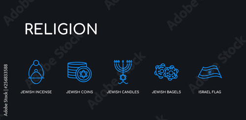5 outline stroke blue israel flag, jewish bagels, jewish candles, jewish coins, incense icons from religion collection on black background. line editable linear thin icons.