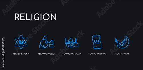 5 outline stroke blue islamic pray, islamic praying carpet, islamic ramadan, wudu, israel barley icons from religion collection on black background. line editable linear thin icons.