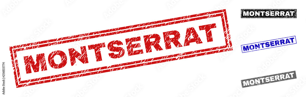 Grunge MONTSERRAT rectangle stamp seals isolated on a white background. Rectangular seals with grunge texture in red, blue, black and grey colors. Grunge MONTSERRAT rectangle stamp seals isolated on a white background. Rectangular seals with grunge texture in red, blue, black and grey colors.