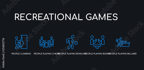 5 outline stroke blue people playing billiard, people playing board games, people playing bowling, chess, climbing icons from recreational games collection on black background. line editable linear