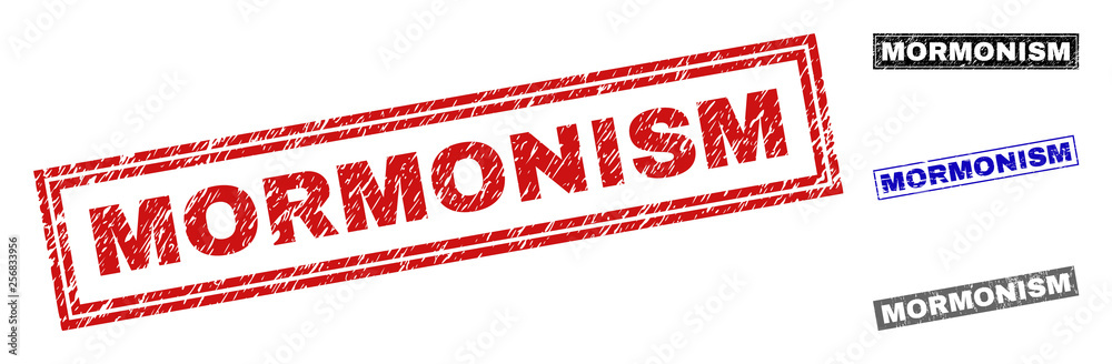 Grunge MORMONISM rectangle stamp seals isolated on a white background. Rectangular seals with grunge texture in red, blue, black and grey colors. Grunge MORMONISM rectangle stamp seals isolated on a white background. Rectangular seals with grunge texture in red, blue, black and grey colors.