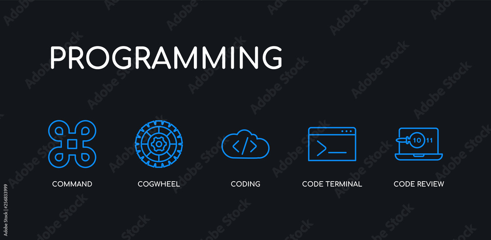 5 outline stroke blue code review, code terminal, coding, cogwheel, command icons from programming collection on black background. line editable linear thin icons. 5 outline stroke blue code review, code terminal, coding, cogwheel, command icons from programming collection on black background. line editable linear thin icons.