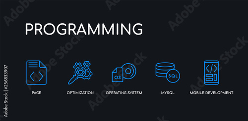 5 outline stroke blue mobile development, mysql, operating system, optimization, page icons from programming collection on black background. line editable linear thin icons.