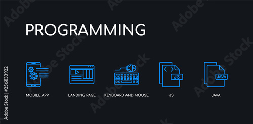 5 outline stroke blue java, js, keyboard and mouse, landing page, mobile app icons from programming collection on black background. line editable linear thin icons.