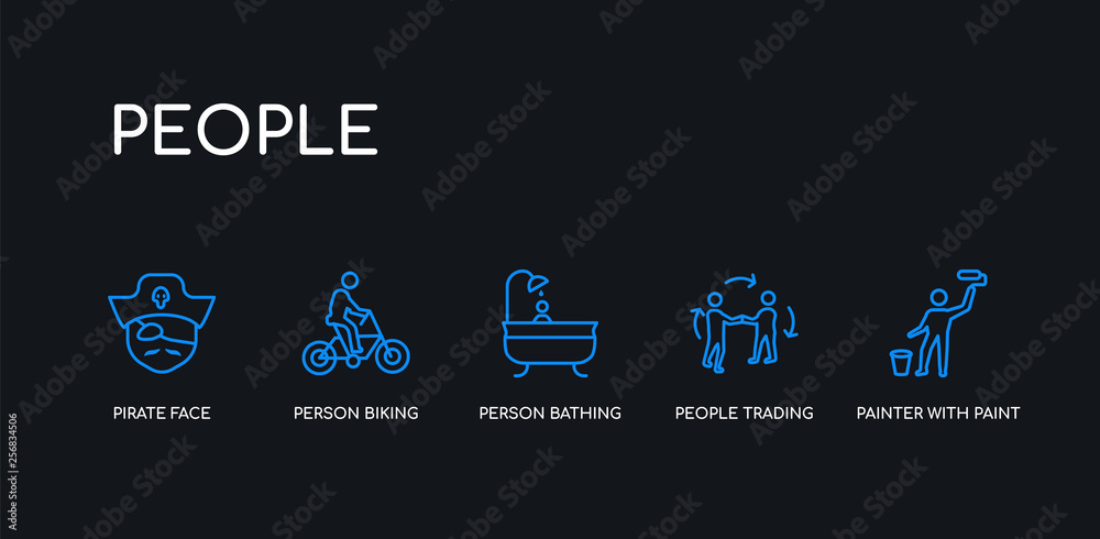 5 outline stroke blue painter with paint bucket, people trading, person bathing, person biking, pirate face icons from people collection on black background. line editable linear thin icons.