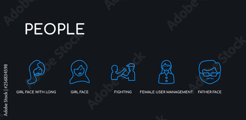 5 outline stroke blue father face, female user management, fighting, girl face, girl face with long hair icons from people collection on black background. line editable linear thin icons.