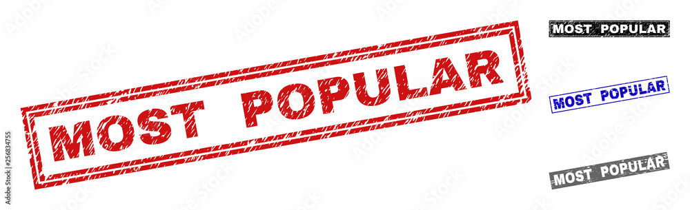 Grunge MOST POPULAR rectangle stamp seals isolated on a white background. Rectangular seals with grunge texture in red, blue, black and grey colors. Grunge MOST POPULAR rectangle stamp seals isolated on a white background. Rectangular seals with grunge texture in red, blue, black and grey colors.