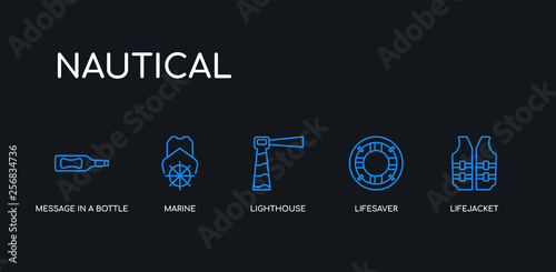 5 outline stroke blue lifejacket, lifesaver, lighthouse, marine, message in a bottle icons from nautical collection on black background. line editable linear thin icons.