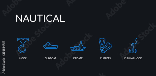 5 outline stroke blue fishing hook, flippers, frigate, gunboat, hook icons from nautical collection on black background. line editable linear thin icons.