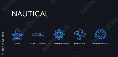 5 outline stroke blue boat porthole, boat screw, boat steering wheel, telescope, buoy icons from nautical collection on black background. line editable linear thin icons.