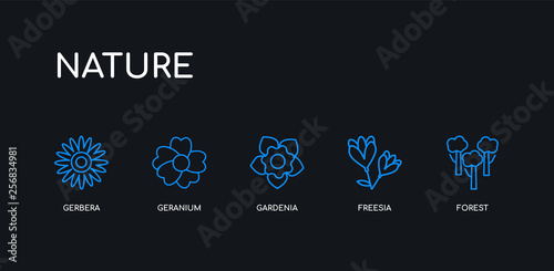 5 outline stroke blue forest, freesia, gardenia, geranium, gerbera icons from nature collection on black background. line editable linear thin icons.