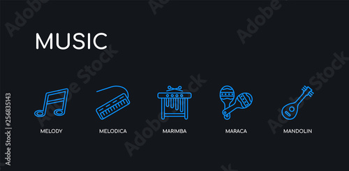 5 outline stroke blue mandolin, maraca, marimba, melodica, melody icons from music collection on black background. line editable linear thin icons.