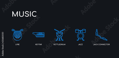 5 outline stroke blue jack connector, jazz, kettledrum, keytar, lyre icons from music collection on black background. line editable linear thin icons.