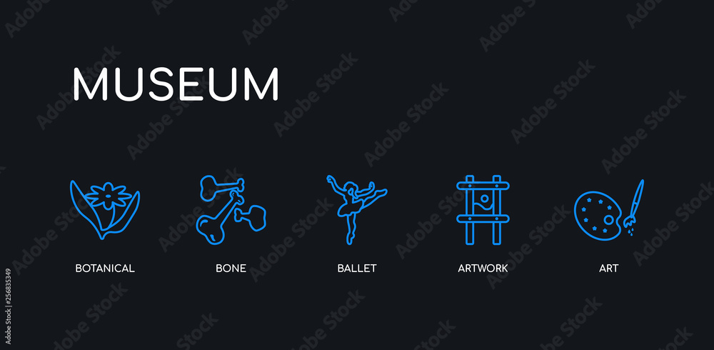 5 outline stroke blue art, artwork, ballet, bone, botanical icons from museum collection on black background. line editable linear thin icons.