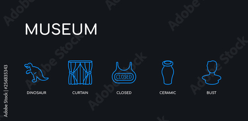 5 outline stroke blue bust, ceramic, closed, curtain, dinosaur icons from museum collection on black background. line editable linear thin icons.