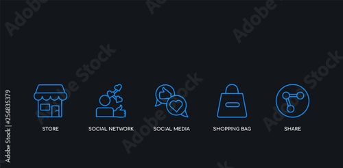5 outline stroke blue share, shopping bag, social media, social network, store icons from  collection on black background. line editable linear thin icons.