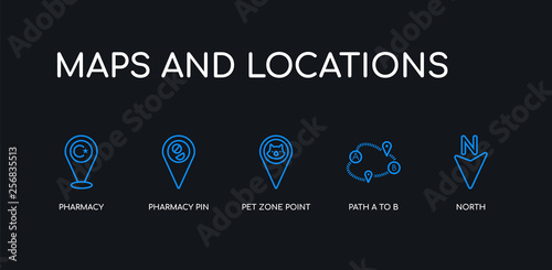 5 outline stroke blue north, path a to b, pet zone point, pharmacy pin, pharmacy icons from maps and locations collection on black background. line editable linear thin icons.