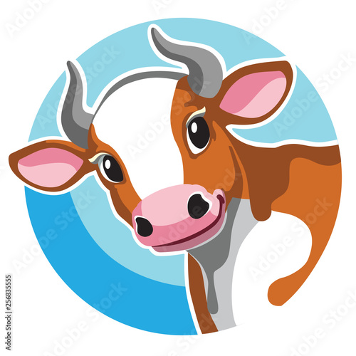 head of brown spotted cow in circle shape . Cartoon icon, logo , emblem , sticker on blue background. Vector illustration