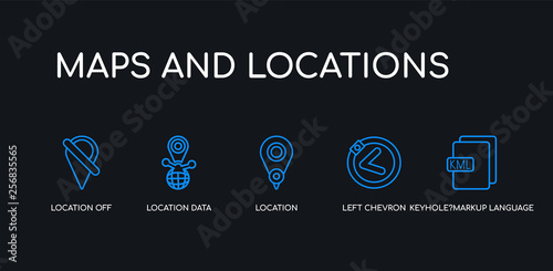 5 outline stroke blue keyhole?markup language, left chevron, location, location data, location off icons from maps and locations collection on black background. line editable linear thin icons.