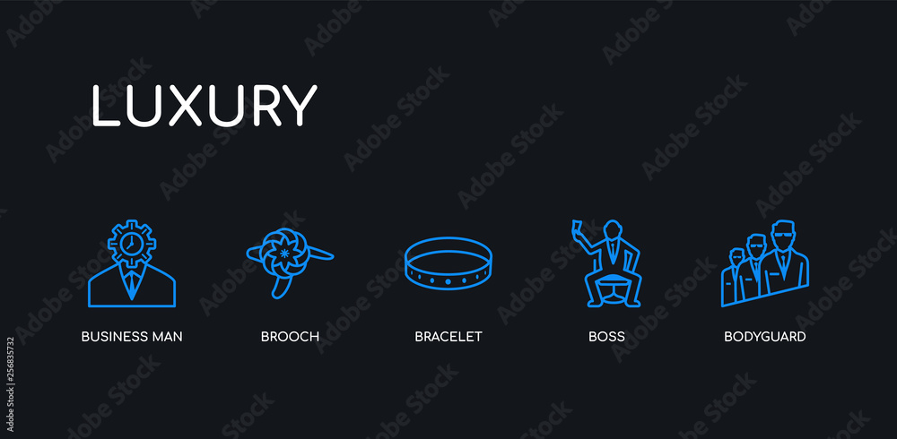 5 outline stroke blue bodyguard, boss, bracelet, brooch, business man icons from luxury collection on black background. line editable linear thin icons. 5 outline stroke blue bodyguard, boss, bracelet, brooch, business man icons from luxury collection on black background. line editable linear thin icons.