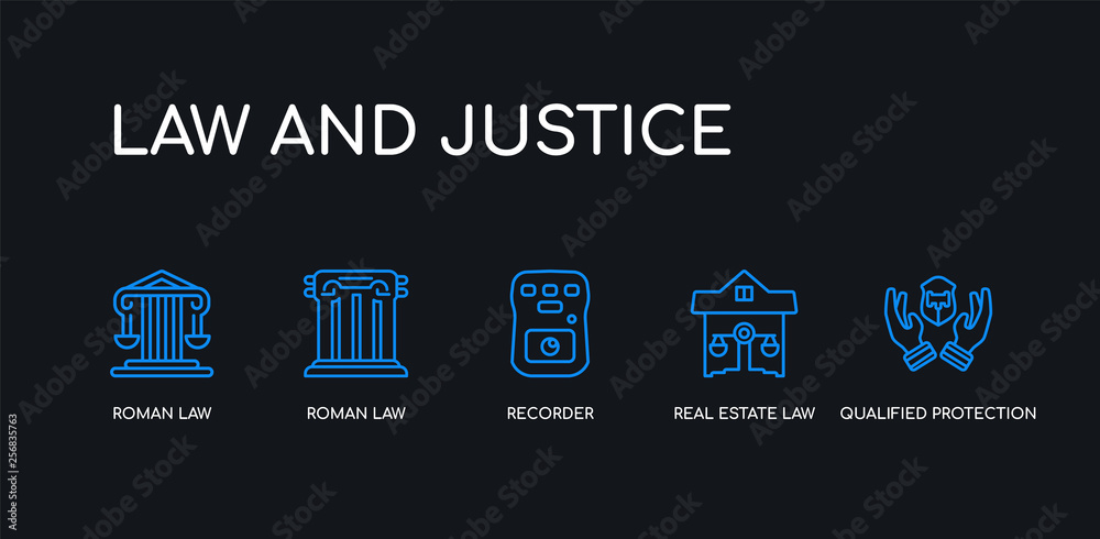 Fototapeta premium 5 outline stroke blue qualified protection, real estate law, recorder, roman law, roman law icons from and justice collection on black background. line editable linear thin icons.