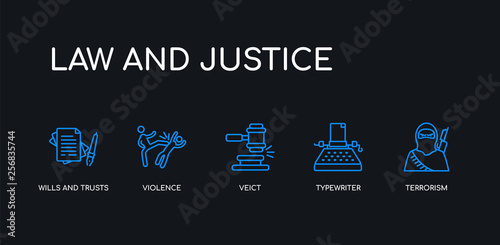 5 outline stroke blue terrorism, typewriter, veict, violence, wills and trusts icons from law and justice collection on black background. line editable linear thin icons.