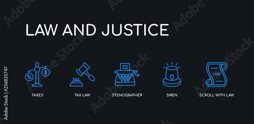 5 outline stroke blue scroll with law, siren, stenographer, tax law, taxes icons from law and justice collection on black background. line editable linear thin icons.