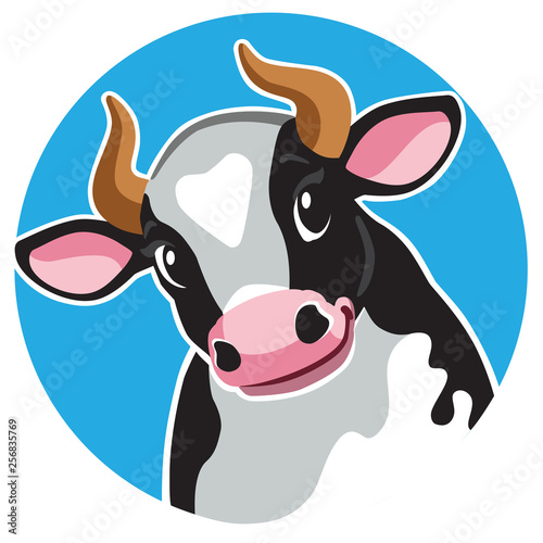 cartoon head of black spotted cow in circle shape .Cartoon icon, logo , emblem , sticker on blue background. Vector illustration