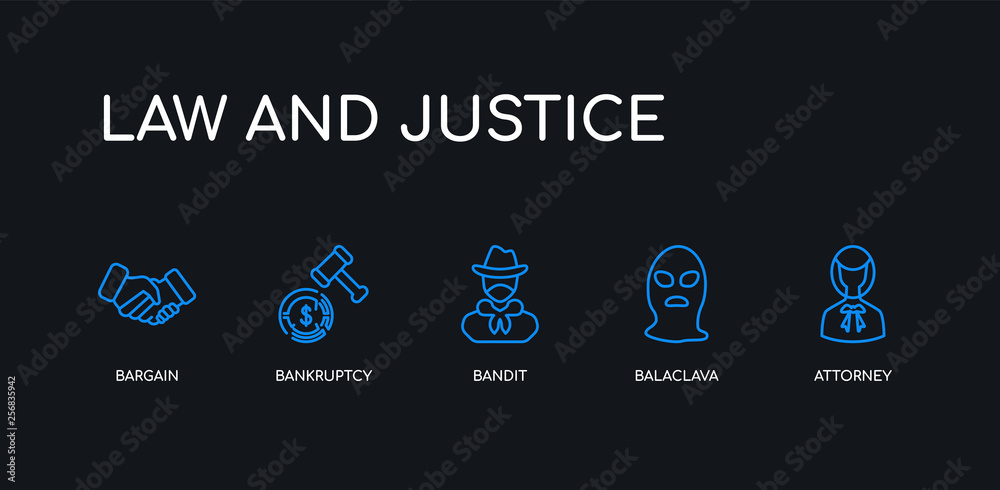 5 outline stroke blue attorney, balaclava, bandit, bankruptcy, bargain icons from law and justice collection on black background. line editable linear thin icons.