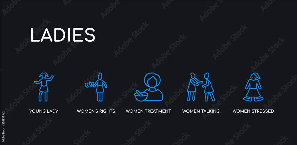 Naklejka premium 5 outline stroke blue women stressed, women talking, women treatment, women's rights, young lady icons from ladies collection on black background. line editable linear thin icons.