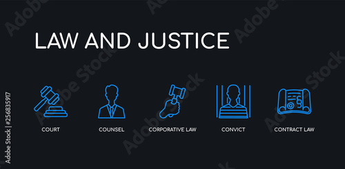 5 outline stroke blue contract law, convict, corporative law, counsel, court icons from law and justice collection on black background. line editable linear thin icons.
