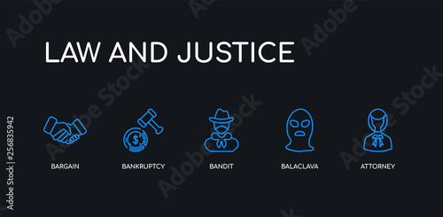 5 outline stroke blue attorney, balaclava, bandit, bankruptcy, bargain icons from law and justice collection on black background. line editable linear thin icons.