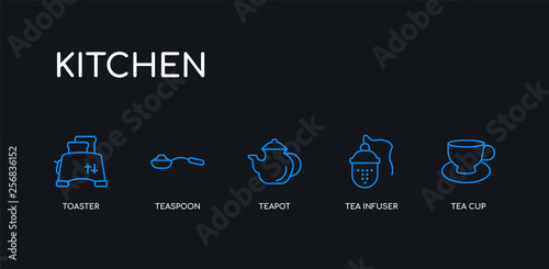 5 outline stroke blue tea cup, tea infuser, teapot, teaspoon, toaster icons from kitchen collection on black background. line editable linear thin icons.