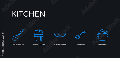 5 outline stroke blue stew pot, strainer, sugar sifter, tablecloth, tablespoon icons from kitchen collection on black background. line editable linear thin icons.