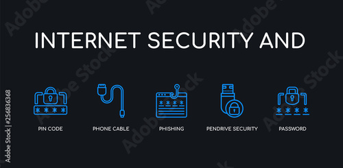 5 outline stroke blue password, pendrive security, phishing, phone cable, pin code icons from internet security and collection on black background. line editable linear thin icons.