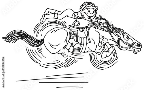 cartoon horse racing derby . Little boy  jockey riding a pony very fast in a race . Funny equestrian sport . Black and white vector illustration. Coloring page
