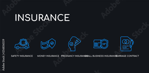 5 outline stroke blue marriage contract, small business insurance, pregnancy insurance, money insurance, safety icons from collection on black background. line editable linear thin icons.