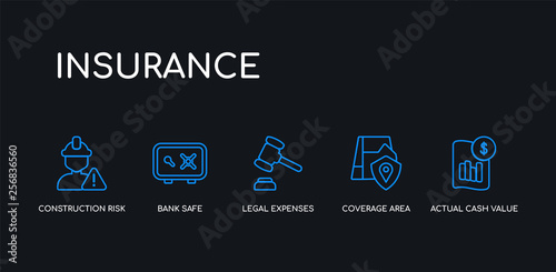 5 outline stroke blue actual cash value, coverage area, legal expenses, bank safe, construction risk icons from insurance collection on black background. line editable linear thin icons.