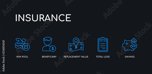 5 outline stroke blue savings, total loss, replacement value, beneficiary, risk pool icons from insurance collection on black background. line editable linear thin icons.
