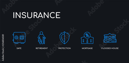 5 outline stroke blue flooded house, mortgage, protection, retirement, safe icons from insurance collection on black background. line editable linear thin icons.