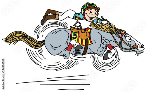 cartoon horse racing derby . Little boy  jockey riding a pony very fast in a race . Funny equestrian sport . Vector illustration