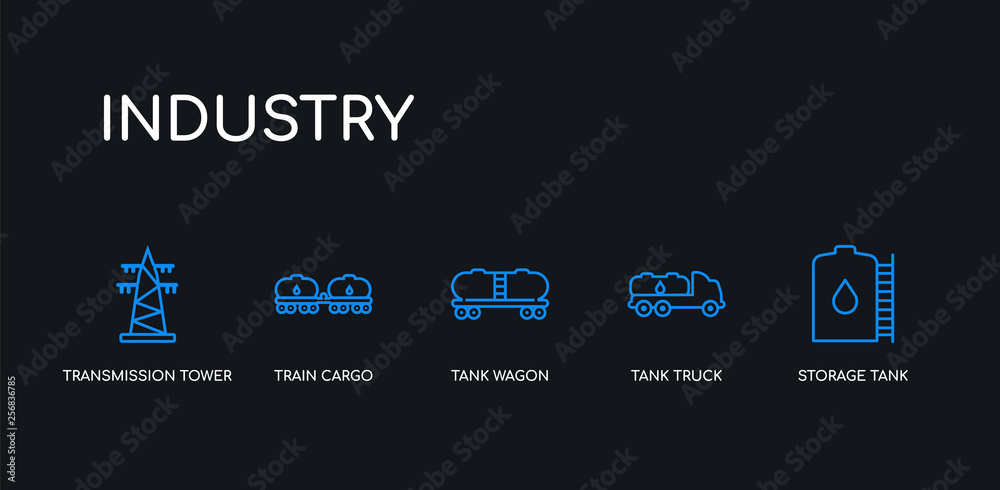 5 outline stroke blue storage tank, tank truck, tank wagon, train cargo, transmission tower icons from industry collection on black background. line editable linear thin icons.