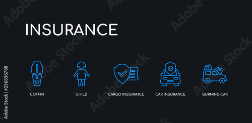 5 outline stroke blue burning car, car insurance, cargo insurance, child, coffin icons from insurance collection on black background. line editable linear thin icons.