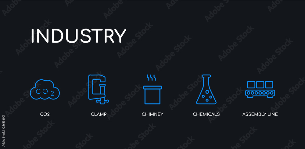 5 outline stroke blue assembly line, chemicals, chimney, clamp, co2 icons from industry collection on black background. line editable linear thin icons. 5 outline stroke blue assembly line, chemicals, chimney, clamp, co2 icons from industry collection on black background. line editable linear thin icons.