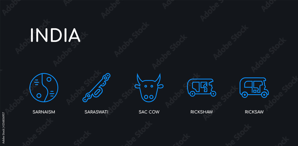 5 outline stroke blue ricksaw, rickshaw, sac cow, saraswati, sarnaism icons from india collection on black background. line editable linear thin icons.